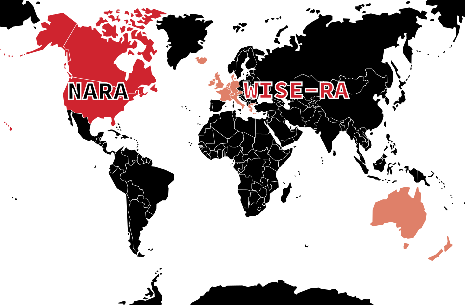 Map showing NARA (North America) and WISE-RA (Europe)